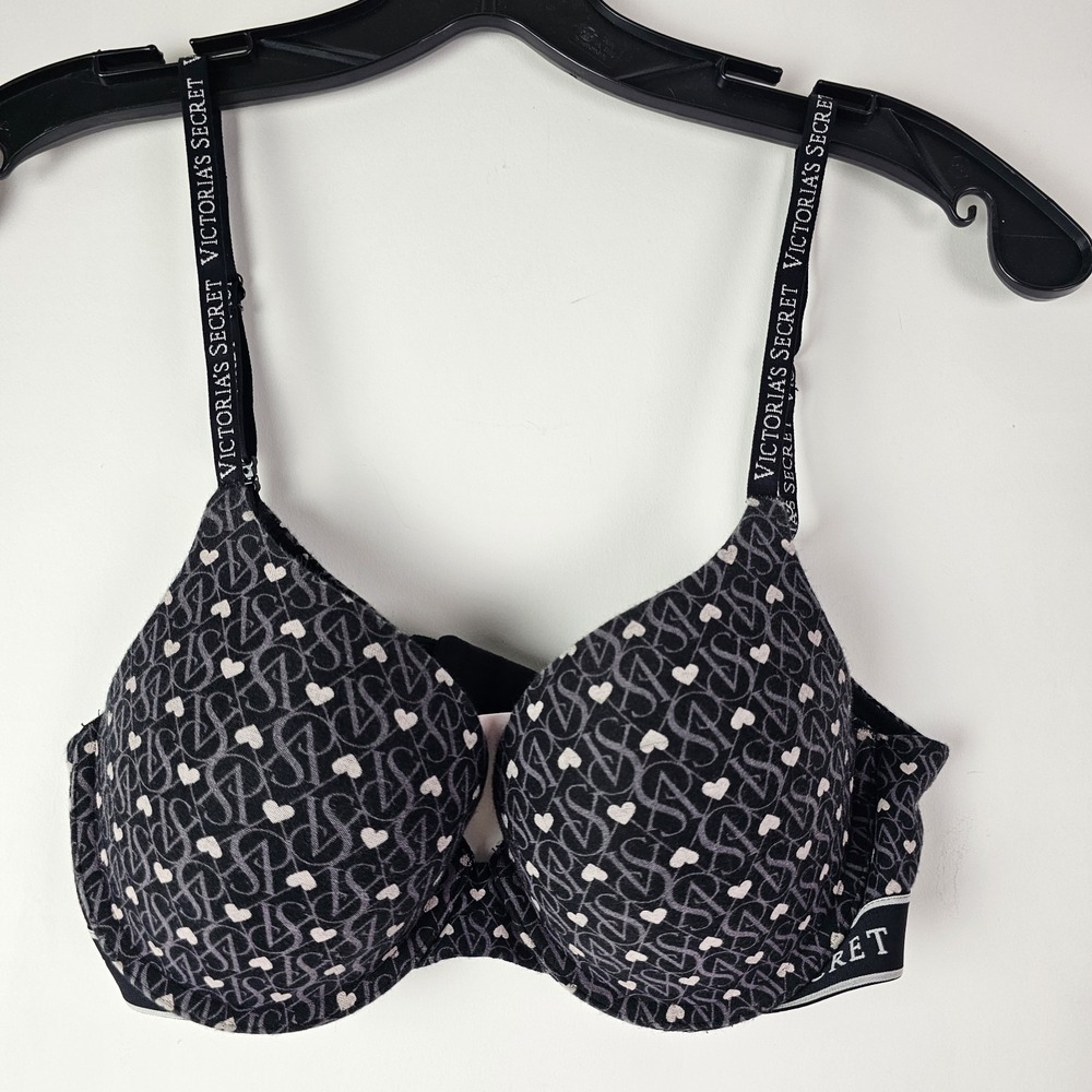 Victoria's Secret Women's Black Hearts T-Shirt Push Up Full Coverage Bra 34C